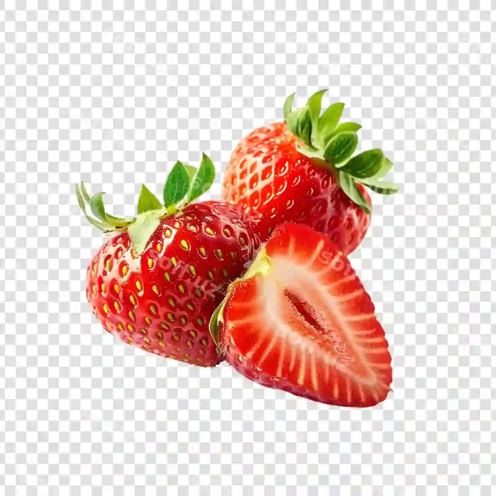 Yangi strawberries yaproq bilan ajraltirilgan shaffof fonda | Fresh strawberries with leaves isolated transparent background