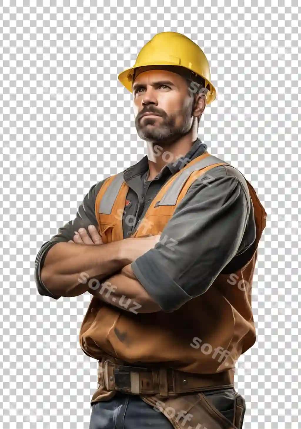 Quruvchi ishchi qo'llarini sirashtirgan, orqasiz shaffof fonda | Construction worker crossed arms isolated transparent background