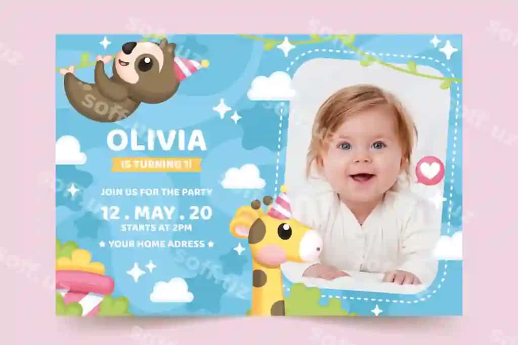 Bolalar tug'ilgan kun taklifnoma shabloni foto bilan | Children s birthday invitation template with photo