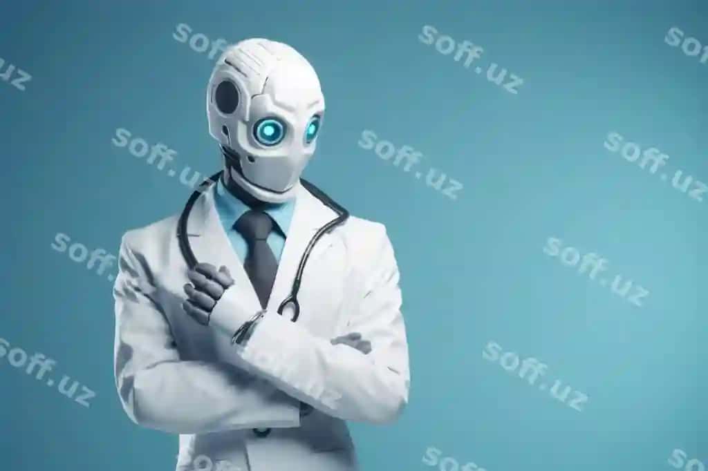 E'tibkash robot terapevt stetoskop bilan ko'k orqa fonda matn uchun joy. | Thoughtful robotic therapist with stethoscope blue background with copy space