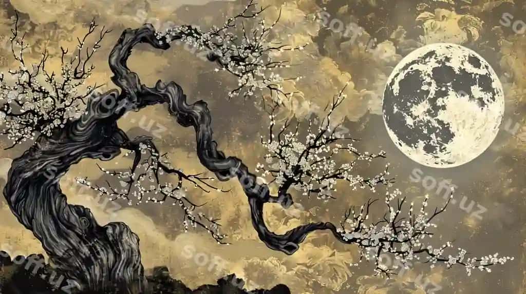 Qadimiy oltin olcha daraxti gullari to'liq hilol kecha chayon devor suratlari orqa fonda | Ancient gold plum tree blossoms full moon moon night with butterfly mural background