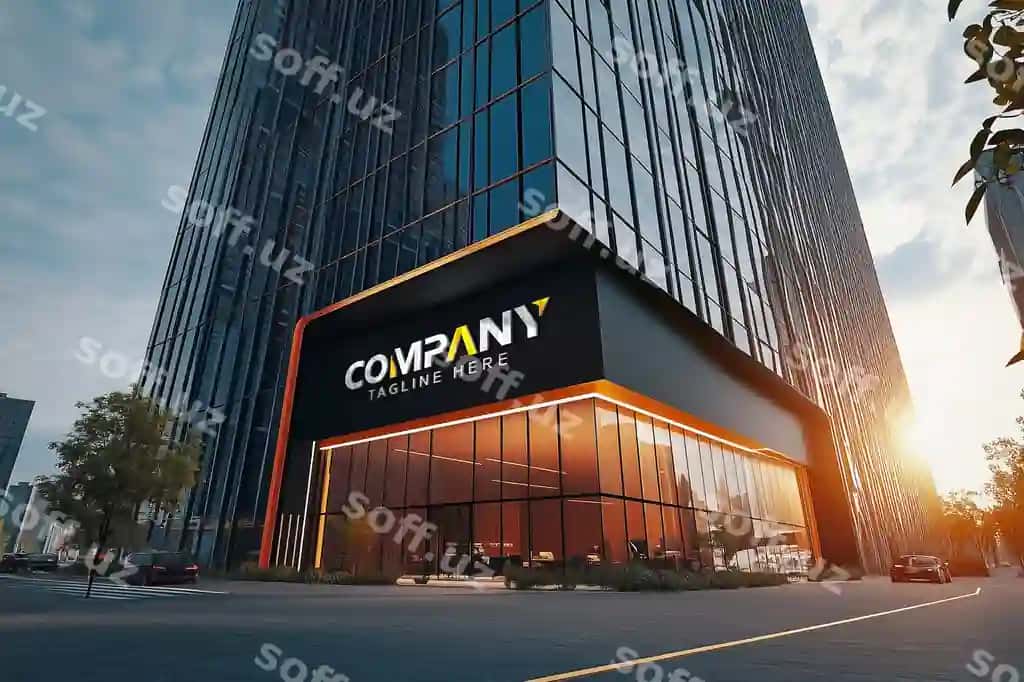 Realistik kompaniya qurilishi 3D logotipi maketi | Realistic company building 3d logo mockup