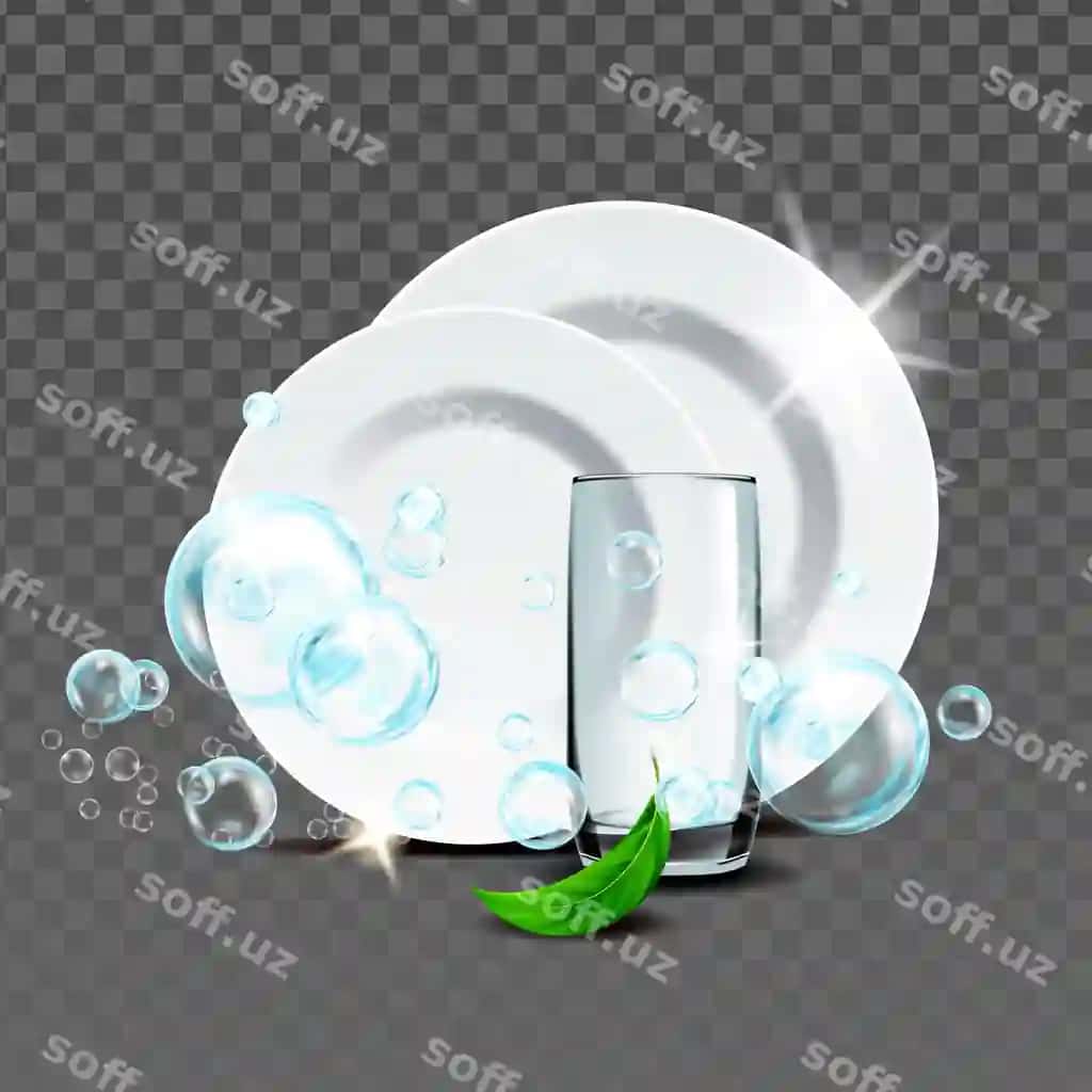 Nane deterjan bilan yuvilgan steklyo likop vektor | Plates glass washed with mint detergent vector