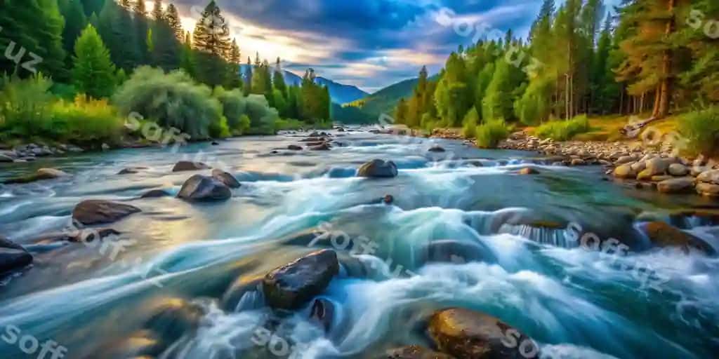 Darya daraxtlar va to'g'ilari orqa fonda joylashgan o'rmon o'tadi. | River runs through forest with trees mountains background