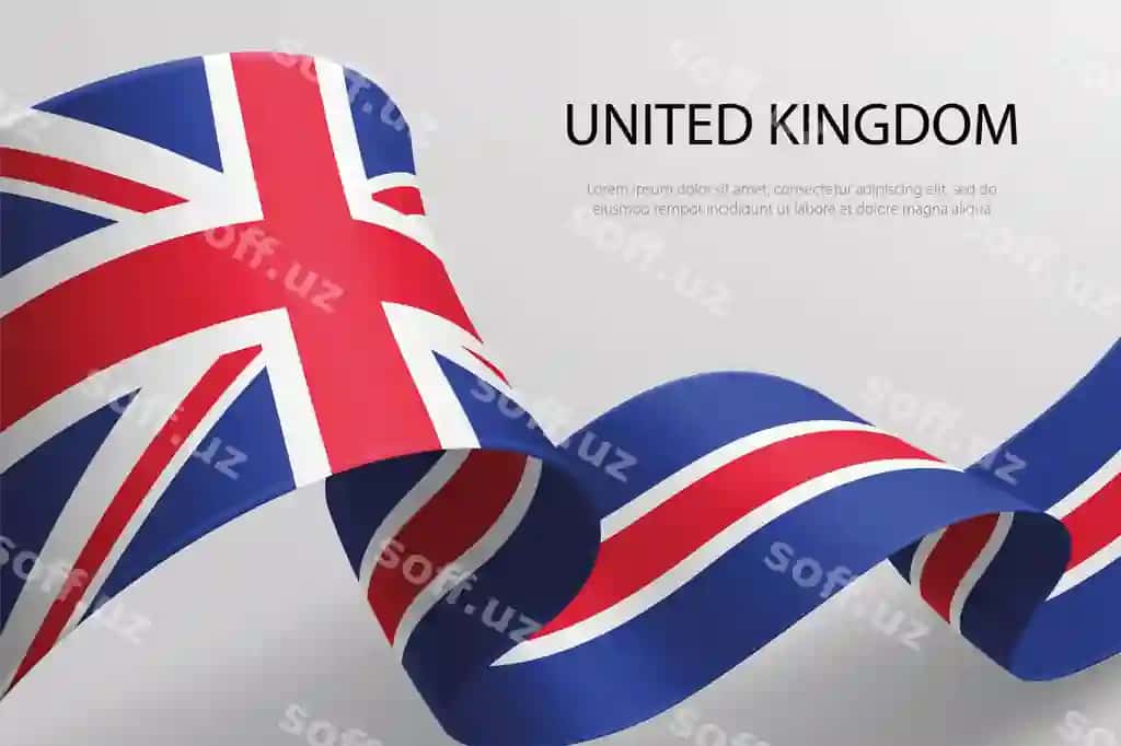Birleshgan Qirollik bayrog'i dalqon lent dizayni yorqin orqa fonda | United kingdom flag waving ribbon design light background