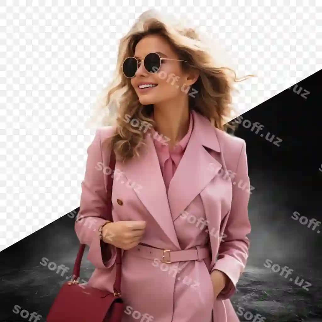 Ayol kostyum pink sumka va ko'z qoralamalari bilan | Woman pink suit with bag sunglasses