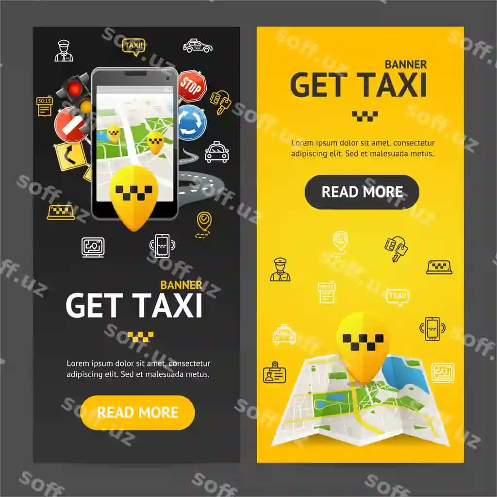 Olish taksi xizmati banner vertikal komplekt vektor | Get taxi service banner vecrtical set vector