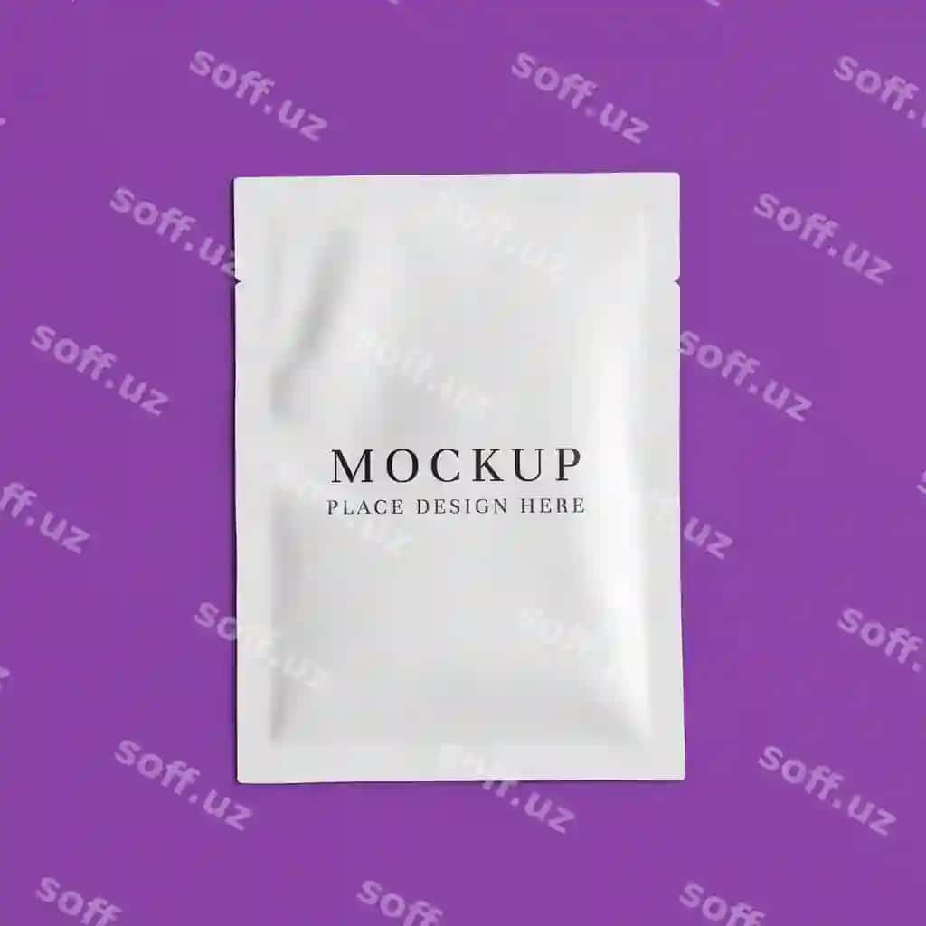 Oq pouch namuna binafsha orqa fonda | White sachet mockup purple background