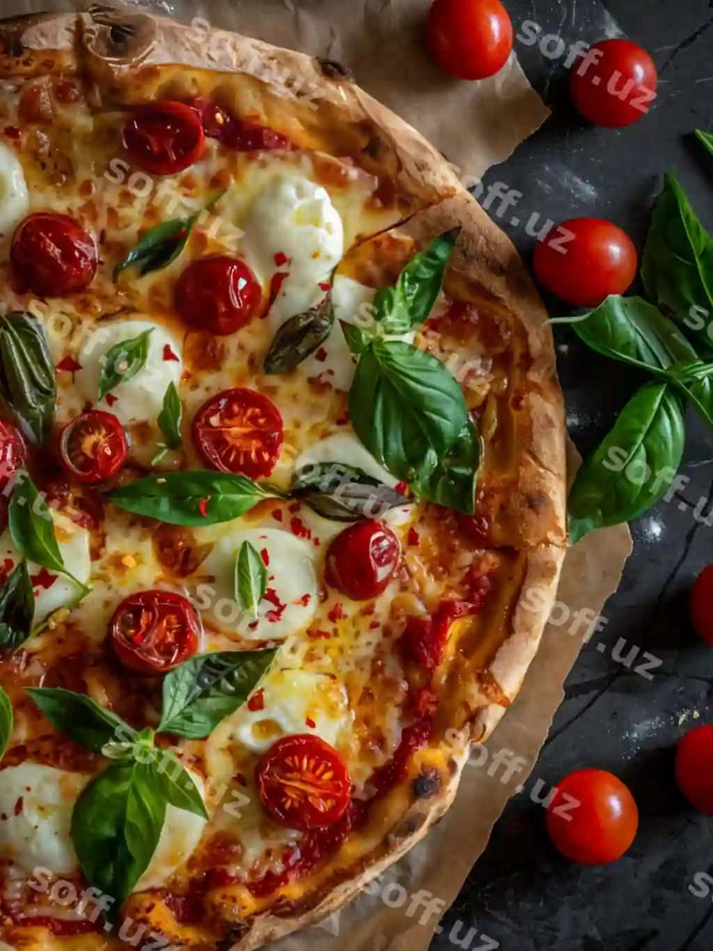 Yangi pishirilgan pitsa Pishoz, pomidorlar, bazil va zeytun moyu bilan rustik yog'och taxtasi sifatida taqdim etilgan | Freshly baked pizza with cheese tomatoes basil olive oil served rustic wooden board