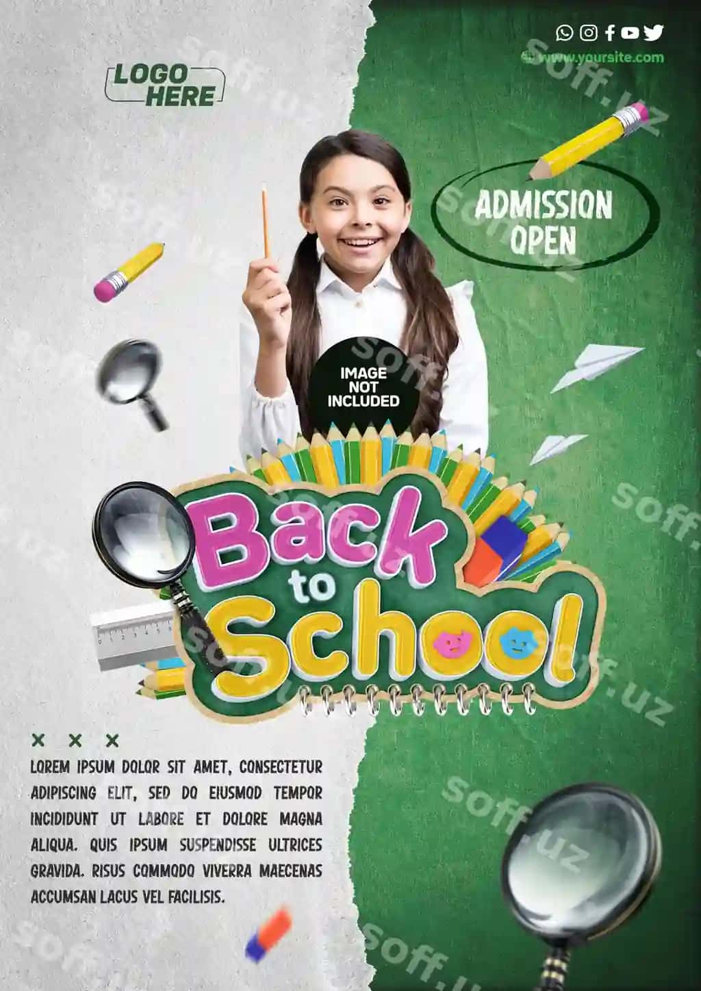 Ijtimoiy tarmoqlar shabloni A4-ni orqasi maktab qabulining ochiq | Social media template a4 back school admission open