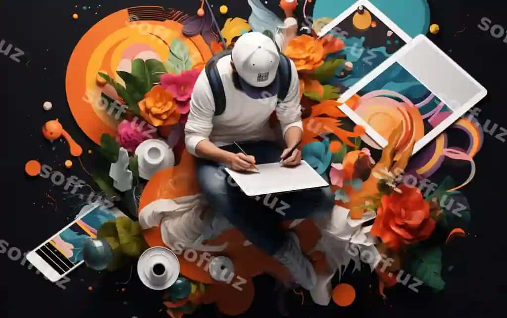 Planshet bilan yuqori ko'rinishdagi grafik dizayner | Top view graphic designer with tablet
