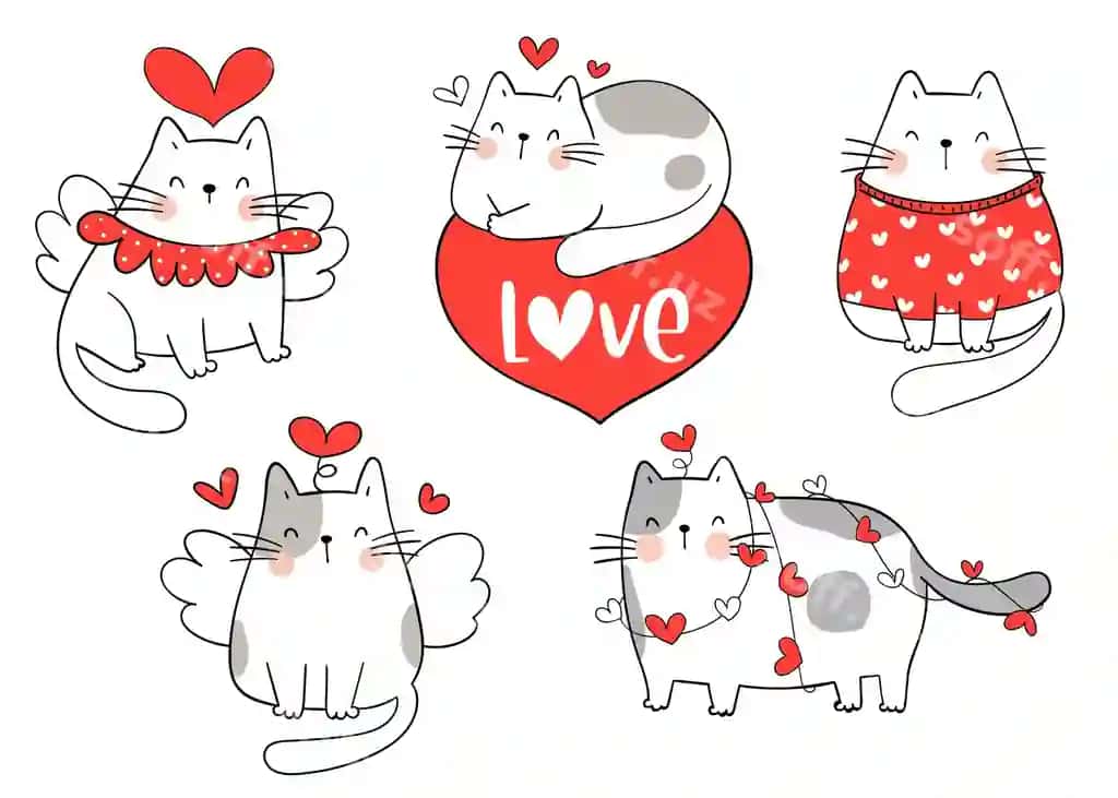 To'plam mushuk Valyentinston kuni chizma komiks uslubi | Collection cat valentine s day doodle cartoon style