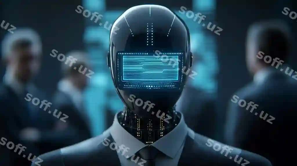Kelajakchi robot raqamli ekran bilan korporativ muhit | Futuristic robot with digital display corporate environment