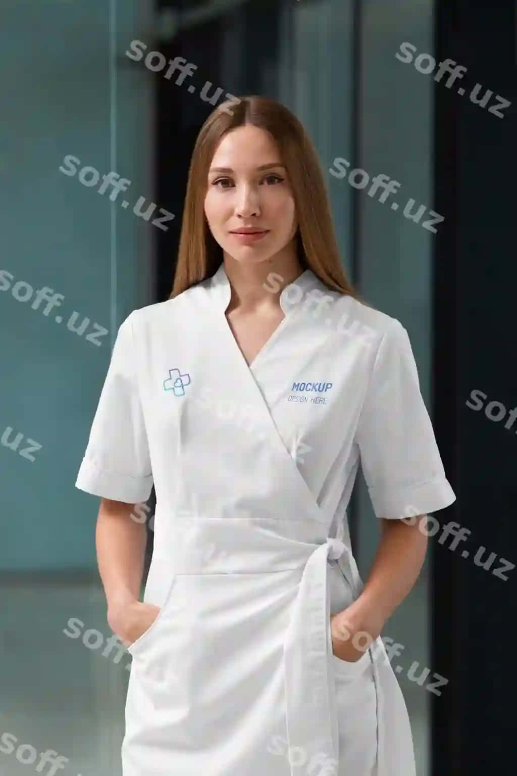 Ayol tibbinator laborator kostumini kiygan namuna dizayni | Female medic wearing lab coat mock up design