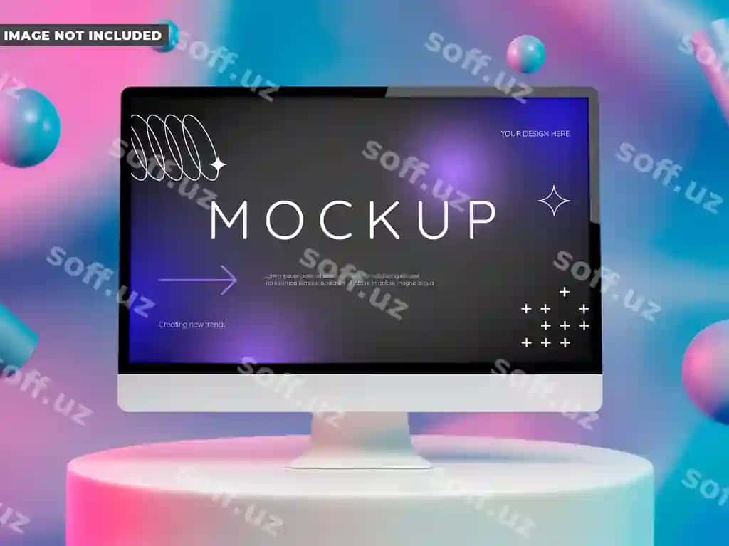 Zamonaviy kompyuter monitor mockup oq podstolbek geometrik elementlar bilan | Modern computer monitor mockup white pedestal with geometric elements
