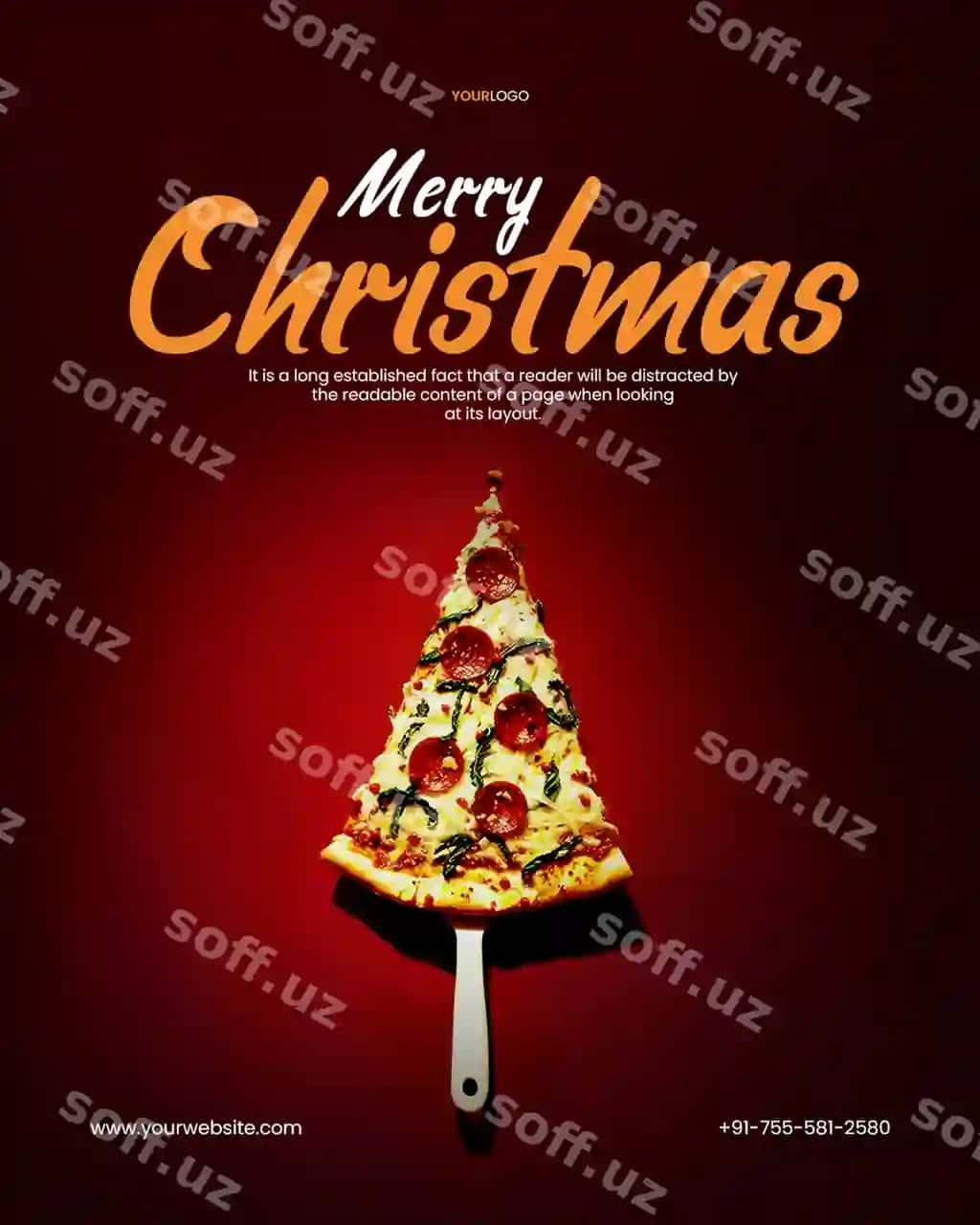 Qish Santa Claus plakat shabloni 3D Yangi yil daraxti pitsa sifatida tayyorlangan | Winter santa claus poster template with 3d christmas tree made pizza