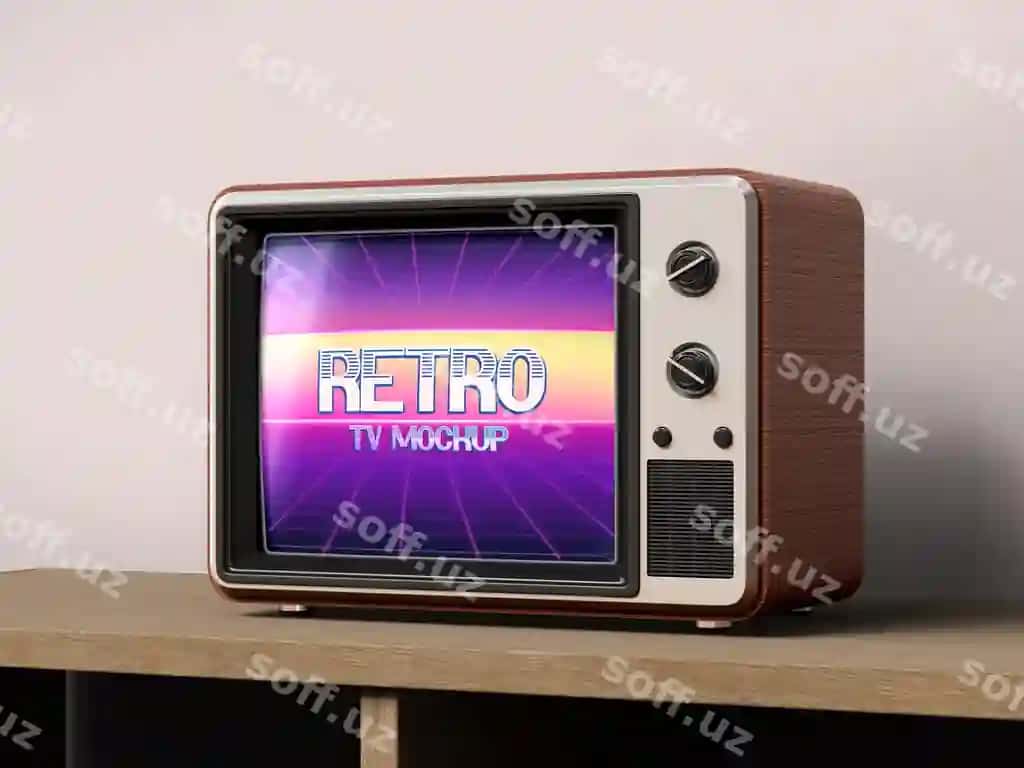 Vintage retro televizor namunasi yog'och stol | Vintage retro tv mockup wooden table