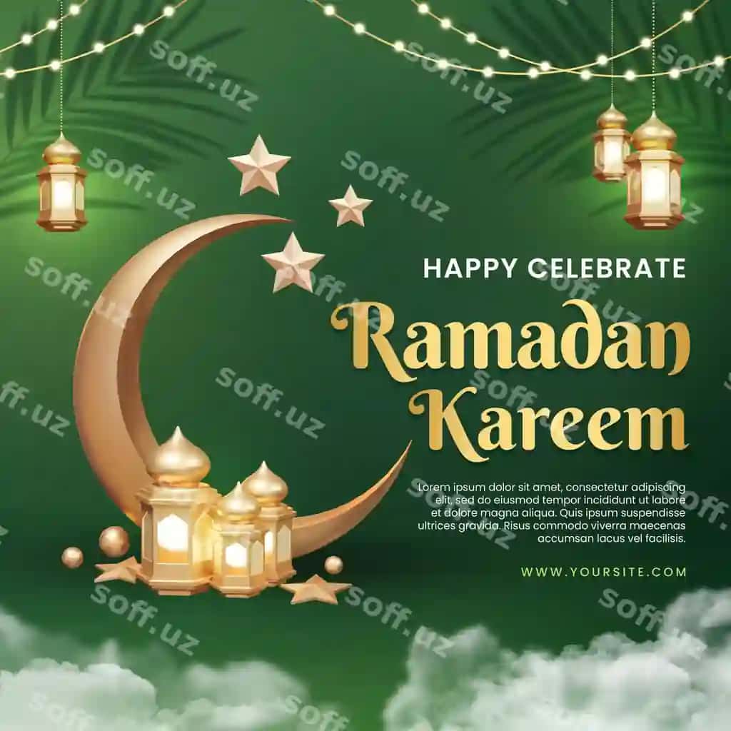 Afisha Ramazon kamillay yashil fon yoritishli baner Ramazon | Poster ramadan kareem with green background lights banner ramadan