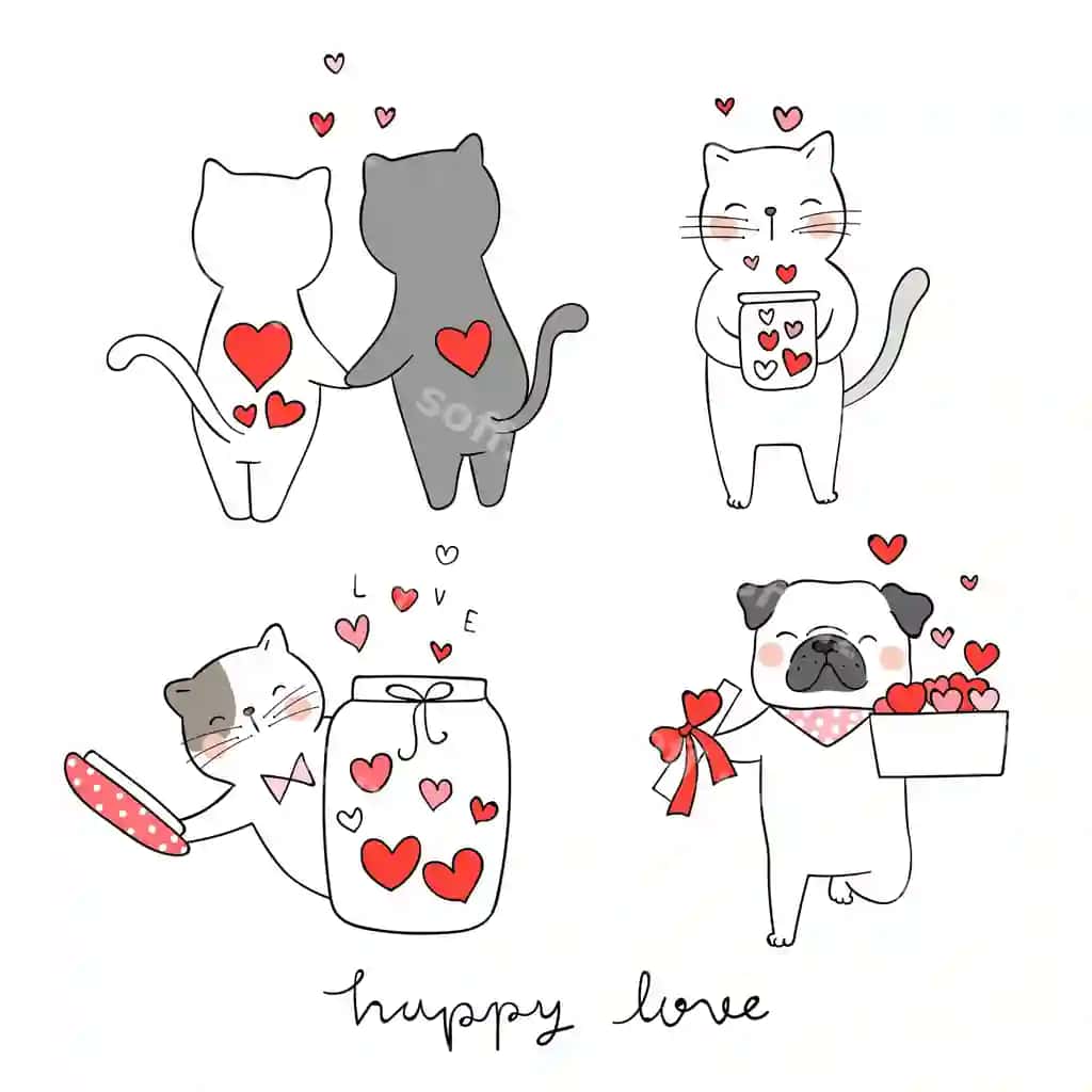 Chiz mushuk pug it kichik yurak bilan Valyentinkun | Draw cat pug dog with little heart valentine s day