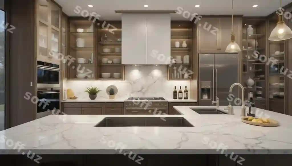 Oshpazlik granit chempoq usti bilan shisha vino chempoqi | Kitchen with granite counter top bottle wine counter