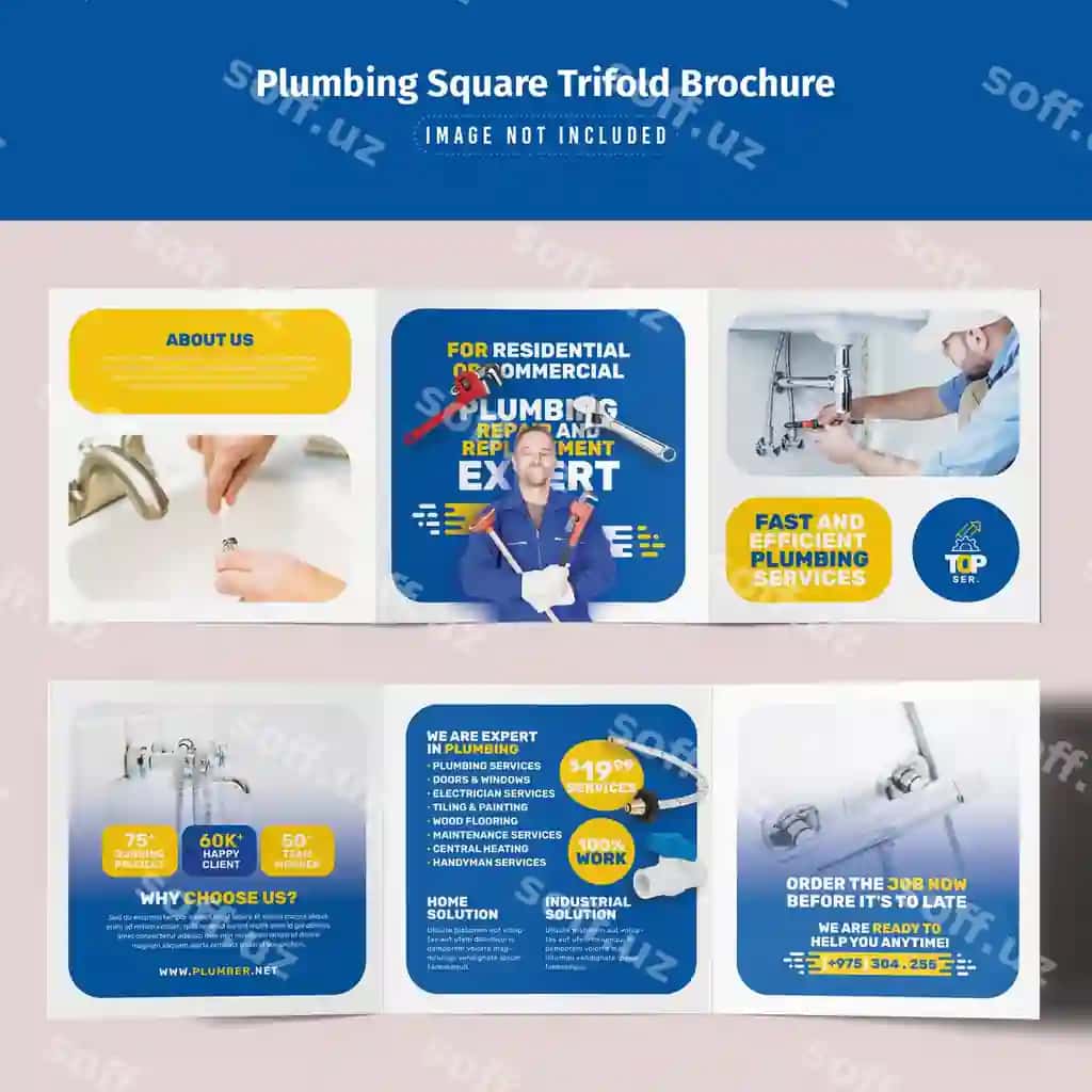 Tutqich xizmati kvadrat uch qismli broshyr shabloni | Plumbing service square trifold brochure template
