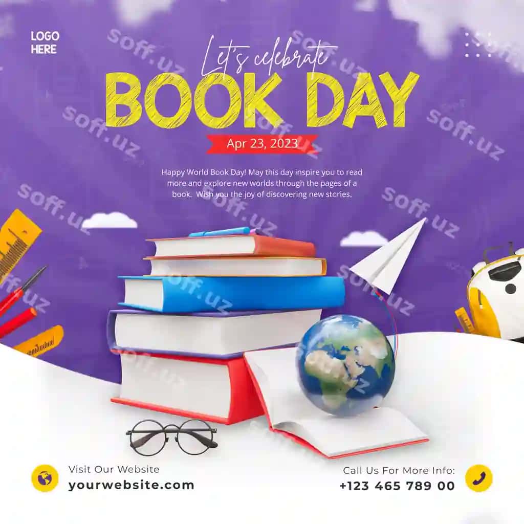 Dunyo kitob kuni bayrami tabrigi ijtimoiy tarmoqlar uchun shablon | World book day celebration social media post template