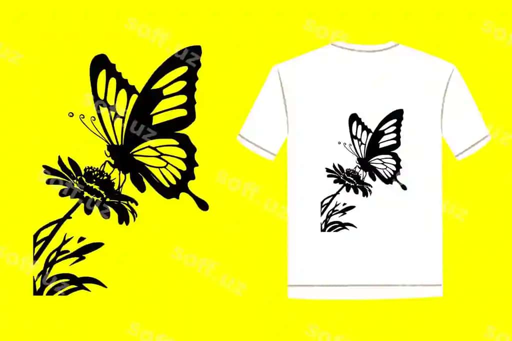 Kapalaklar tasvirlangan oq futbolka, sariq fonda ko'rsatilgan | White t shirt with butterflies it is displayed yellow background