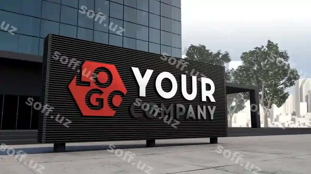 Namuna 3d logotip fassada tabela oldinga qaralgan zamonaviy binoning dizayni | Mockup 3d logo facade sign standing front modern building design