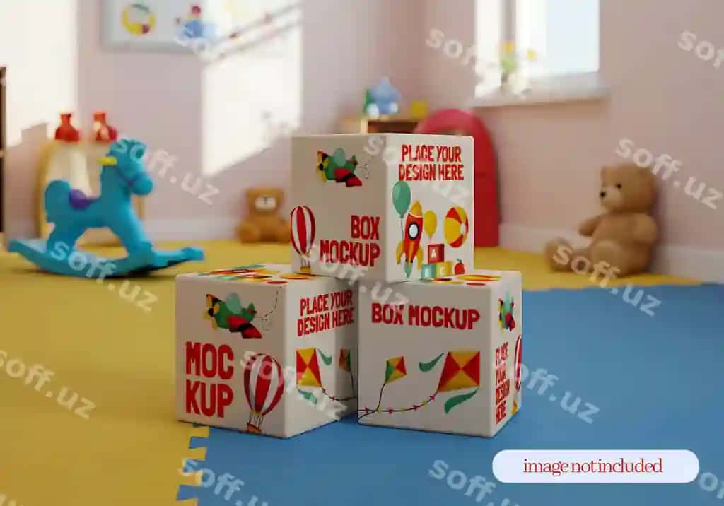 Chiroyli bolalar xonasi rang-barang o'yin qutilari bilan mockup dizayn qadoqlash | Adorable kids room with colorful toy boxes mockup design packaging