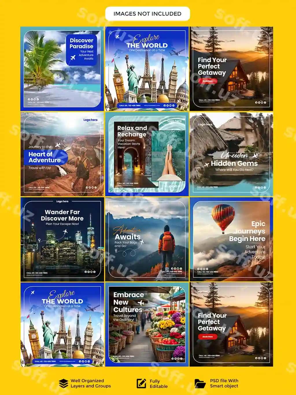 Zamonaviy psd tahrirlanga olinadigan paket Instagram sayohat ijtimoiy tarmoqlarda marketing | Modern psd editable pack travelling instagram social media marketing