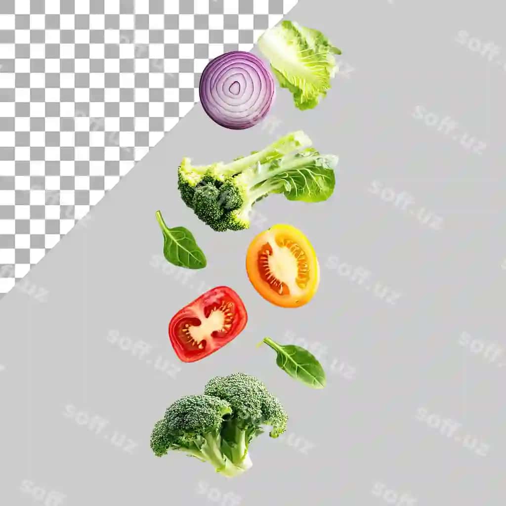 Sabzavotlar shaffof orqa fonda turli xil pozitsiyalarda tushmoqda | Vegetables various positions falling down with transparent background