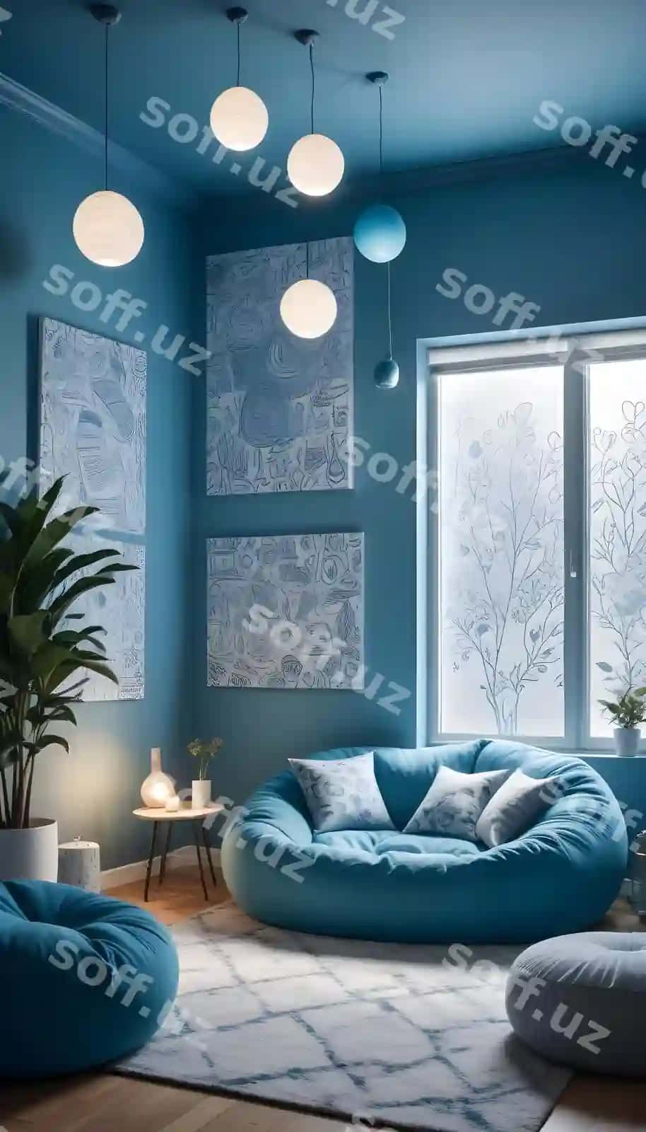 O'yin xona ko'k divan va o'simlik burch bilan | Living room with blue couch plant corner