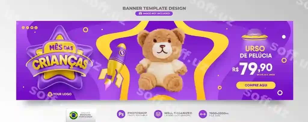 Bolalar oyi baner 3D render marketing kampeniyasi Braziliya portugaliyachasi | Children s month banner 3d render marketing campaign brazil portuguese