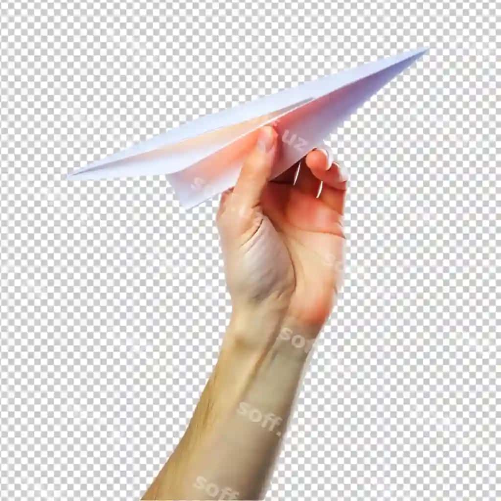 Qoliq qog'oz samolyotini tutgan shaffof fonda | Hand holding paper plane transparent background