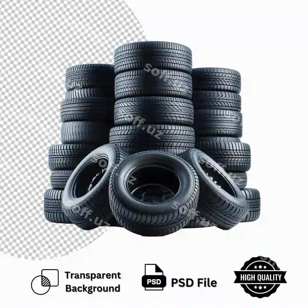 Pireli kolgataklar joylangan ajraltirilgan shaffof fonda | Tires stacked up isolated transparent background