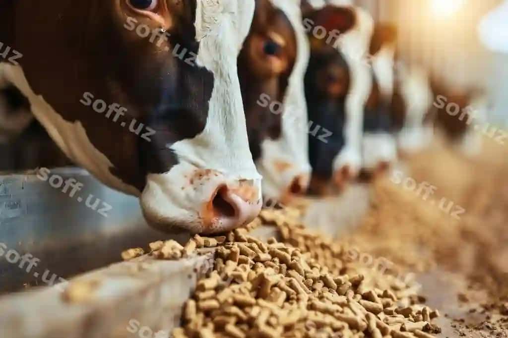 Zamonaviy sutliq fermerlikda sutliq sigirlar qatorda turgan, aralash o'tlarini yeydi va yem jadvali. | Dairy cows stand row eat compound feed feed table modern dairy farm