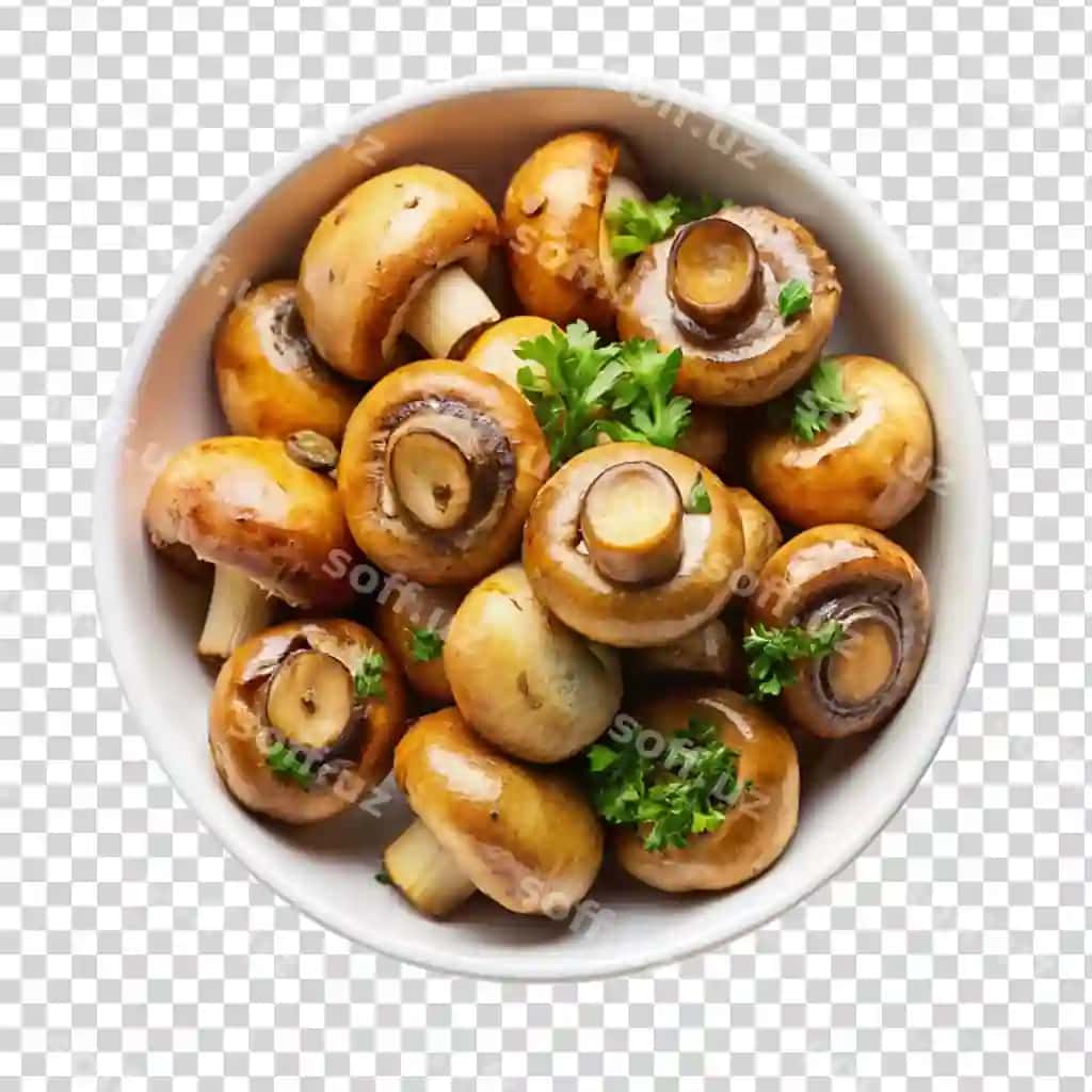 Qovurilgan champignon qovoqchilari oq qovuqda yuqori ko'rinish ajraltirilgan shaffof | Fried champignon mushrooms white bowl top view isolated transparent