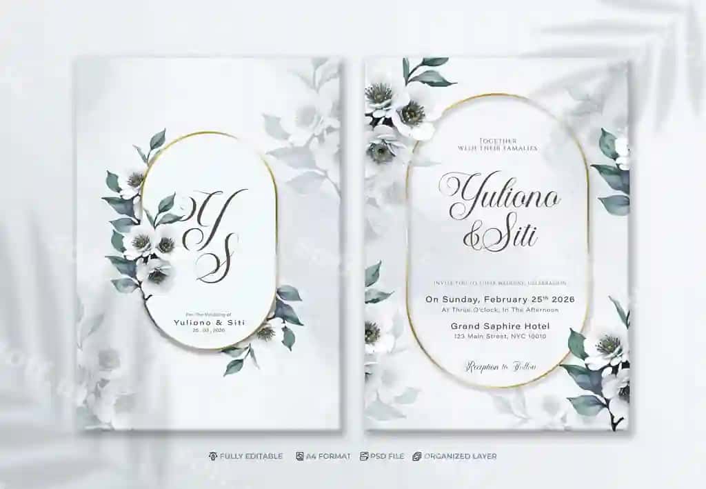 Psd nufuzli nikoh taklifi shabloni akvarel gullar bilan | Psd elegant wedding invitation template with watercolor flower