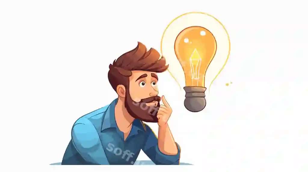 Ijodkor erkak g'oya chiroq lampasi karikatura bilan | Creative man with idea light bulb cartoon