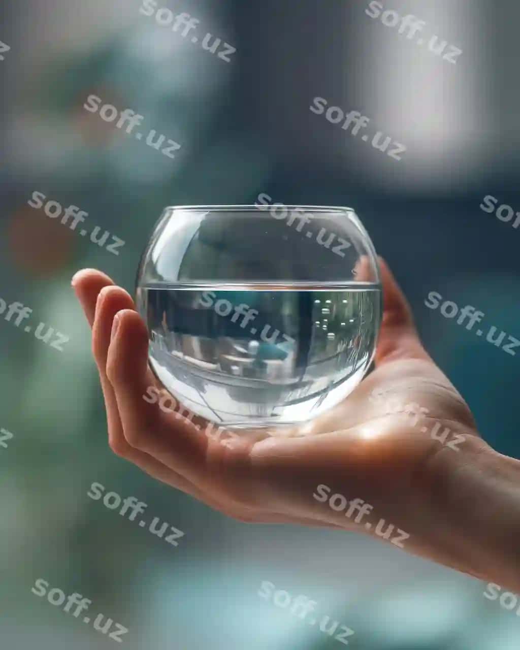 Nozik qolqiq shaffof stakanni tozilik suvi bilan tutadi. | Delicate hand holds clear glass with pure water