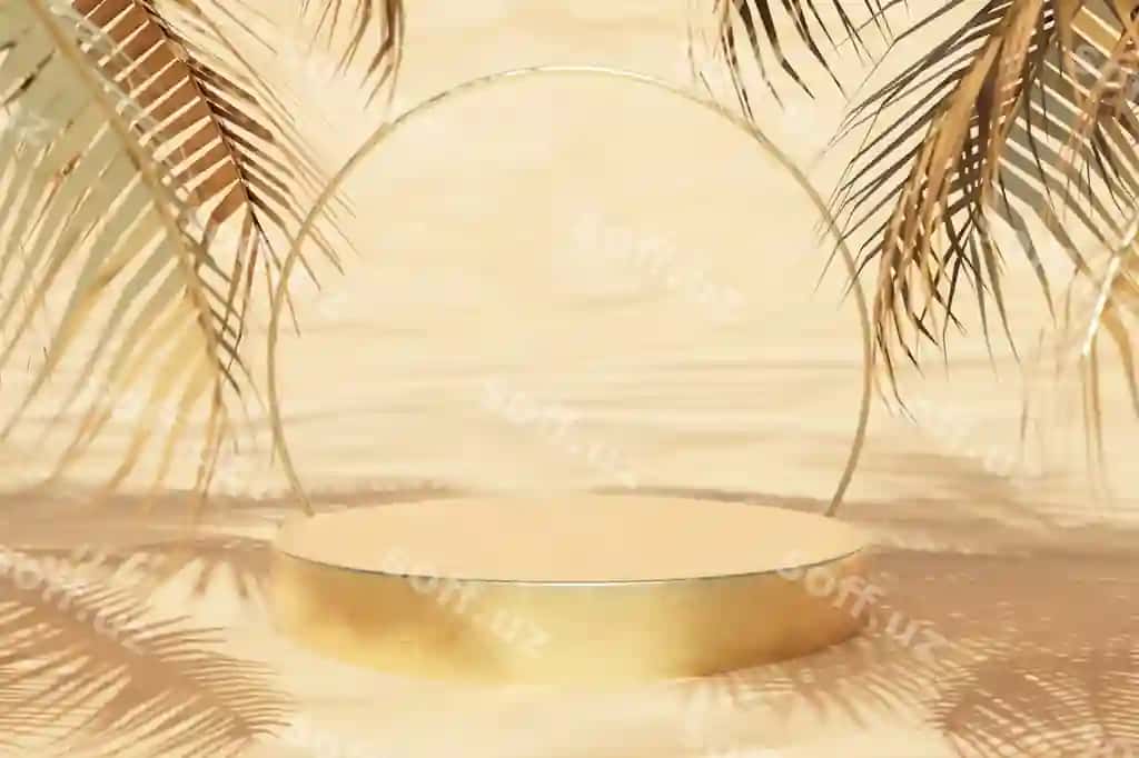 Aylanma oltin silindr podium palmachalar bilan | Round gold cylinder podium with palm trees