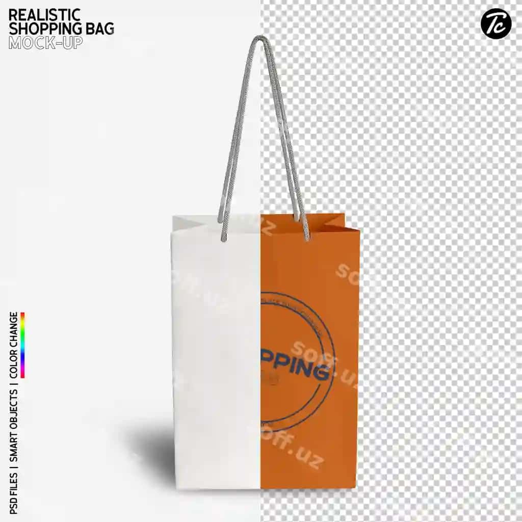 Oq qog'ozdagi xarid sumkasi namuna dizayni izolyatsiya qilingan | White paper shopping bag mockup design isolated