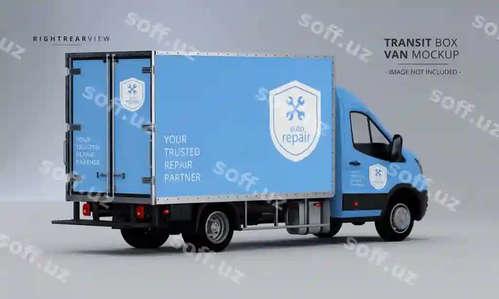Transit quti yuk avtomobili modeli oʻng orqa koʻrinishdan | Transit box van mockup from right rear view