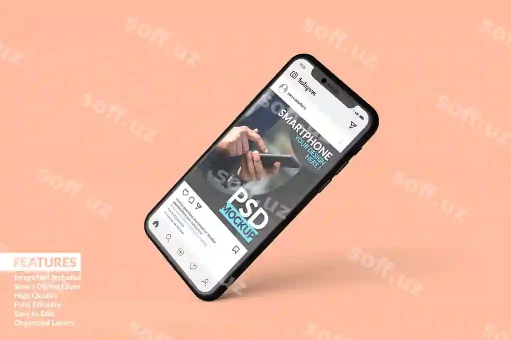 Smartfon mockup suza turadigan ekran Instagram post shabloni Premium | Smartphone mockup floating display instagram post template premium
