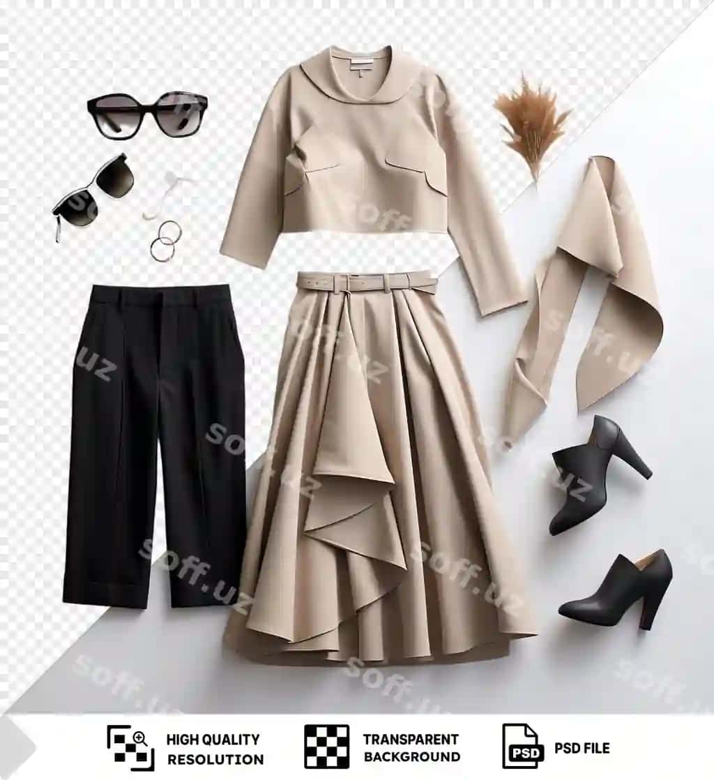 Portret etik moda elementlari komplekti oq devorda ko'rsatilgan, o'z ichiga olgan | Potrait ethical fashion pieces set displayed white wall featuring