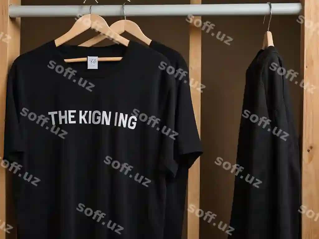 Ikkita qora futbolka hangerlarda asilgan, ulardan biri "it" so'zi yozilgan. | Two black shirts hang hangers with one saying word it
