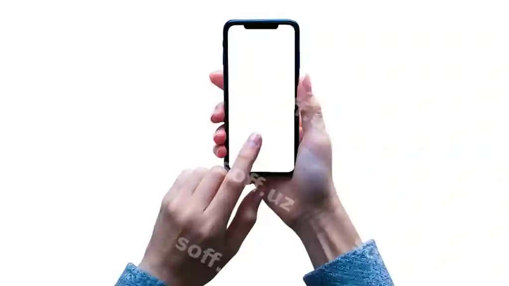 Ayol qolqiqi akilliq telefonni tutgan, ekrani ajraltirilgan kulrang orqa fonda | Female hand holding smartphone with isolated screen gray background