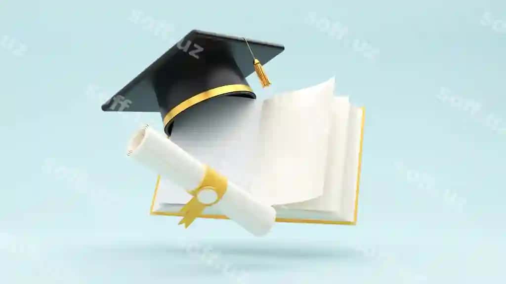 3d render bitiruv fon nusha joy bilan komplekt bitiruv shlyapa kossa diplom kitob qalam | 3d render graduation background with copy space set graduation cap cup diploma book pencil