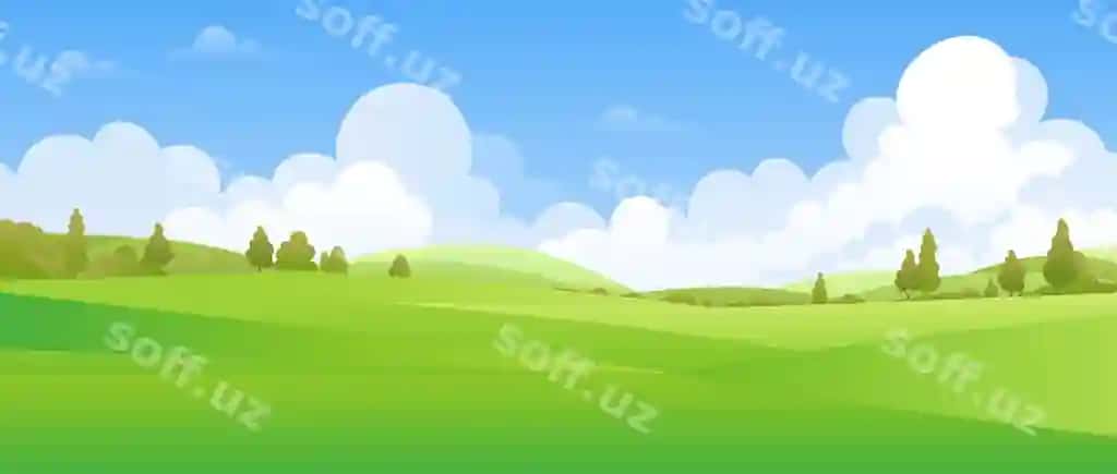 Panoramali landshtayn yashil vodi kiritgan, daraxtlar, dala, to'g'iliklar bilan | Panoramic landscape featuring green valley with trees meadows hills