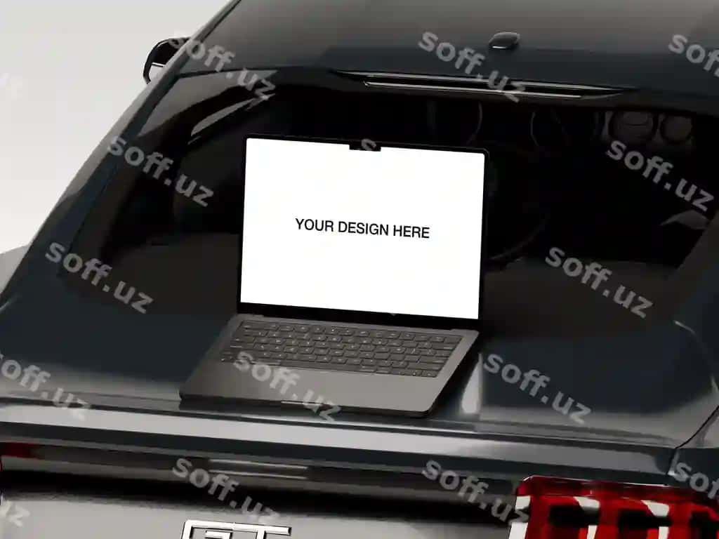 Macbook noutbuk mockup mashina orqa deraza mockup | Macbook laptop mockup car rear window mockup